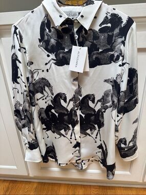 Altuzarra Women’s Silk White & Black Horse-Print Button-Up Shirt